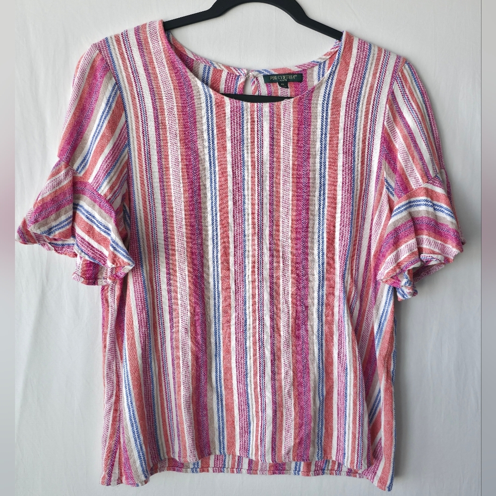 For Cynthia Rainbow Striped Ruffle Sleeve Blouse - Boho Coastal Summer Top - Picture 2 of 9